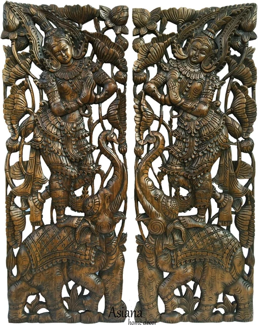 Sawaddee Thai Traditional Figure with Elephant Carved Wood Wall Decor Panel in D