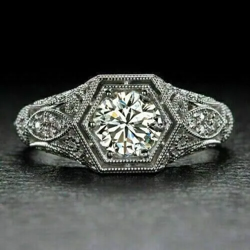 Antique Art Deco Style Simulated Diamond Milgrain Engagement Ring In 925 Silver