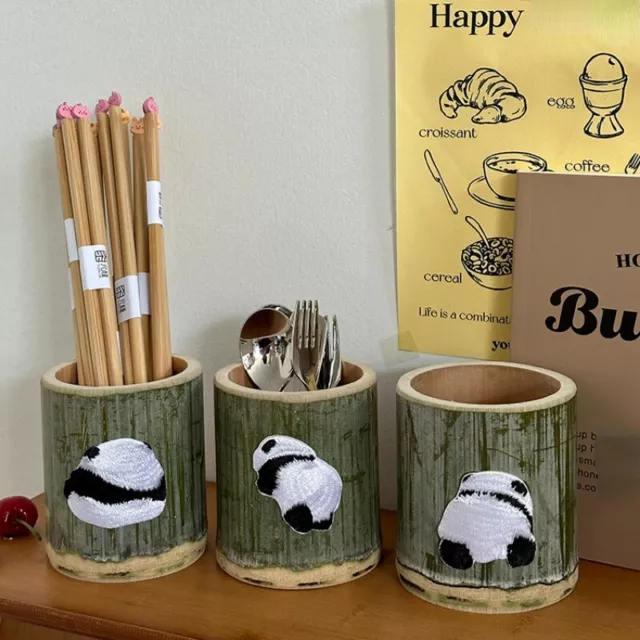 1X Cute Chopsticks Storage Panda Bamboo Bucket Pen Pencil Case Organizer Student