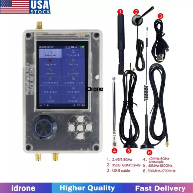 HackRF One R9 V1.9.1 + Upgraded PortaPack H2 + Shell + 5 Antennas +USB Cable USA