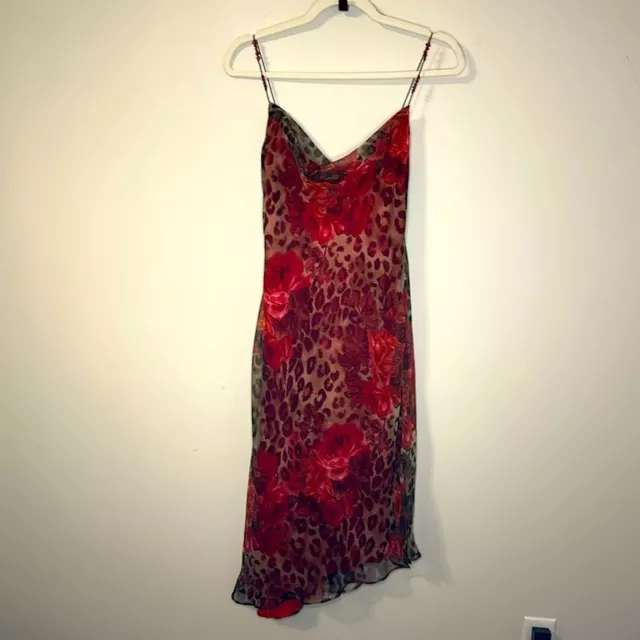 VTG Y2K/90s Cowl Neck Slip Dress Uneven Hem Jeweled Straps Cheetah Red Floral 8