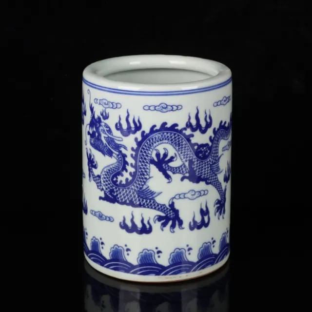 Exquisite china blue and white porcelain painting two Dragon play bead Brush pot