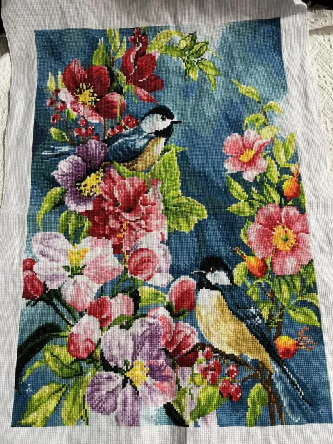 completed finished cross stitch Magpies and flowers 18''x 27'' Unframed New