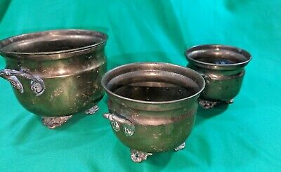 3 Antique Footed Solid Brass Planter Centerpieces Charming Trinket holders