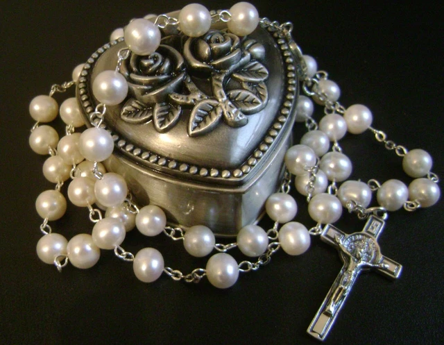 Sterling 925 Silver AAA+ 8-9mm Real Pearl ROSARY CROSS Catholic Crucifix & box