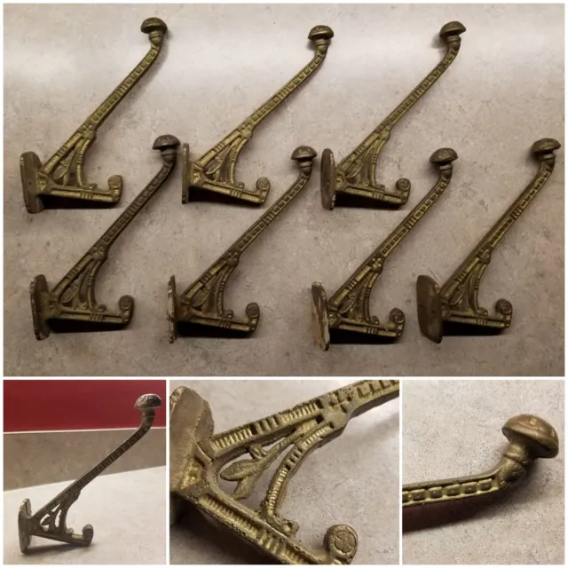 7 Old Matching Antique Cast Iron Wall Hooks Victorian Ornate Towel Coat Hat