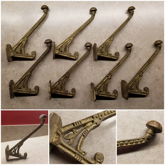 7 Old Matching Antique Cast Iron Wall Hooks Victorian Ornate Towel Coat Hat