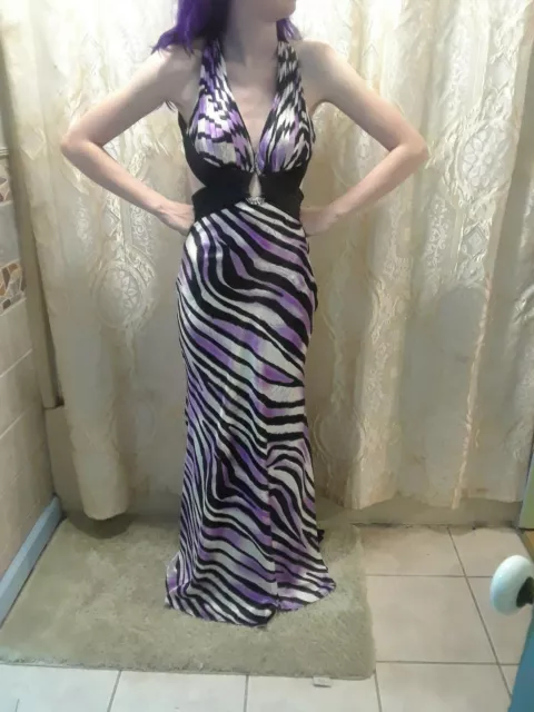 LA FEMME ZEBRA BLACK WHITE PURPLE BEADED LONG EVENING GOWN DRESS Womens 0