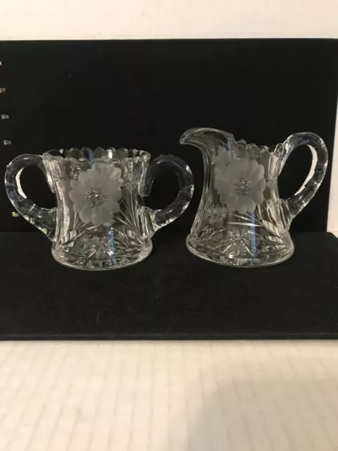 American Brillant Cut Glass Sugar Bowl And Creamer With Etched Flowers Starburst