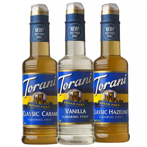 Glass Torani Sugar Free Syrups 750mls Salted Caramel, French Vanilla, Peach