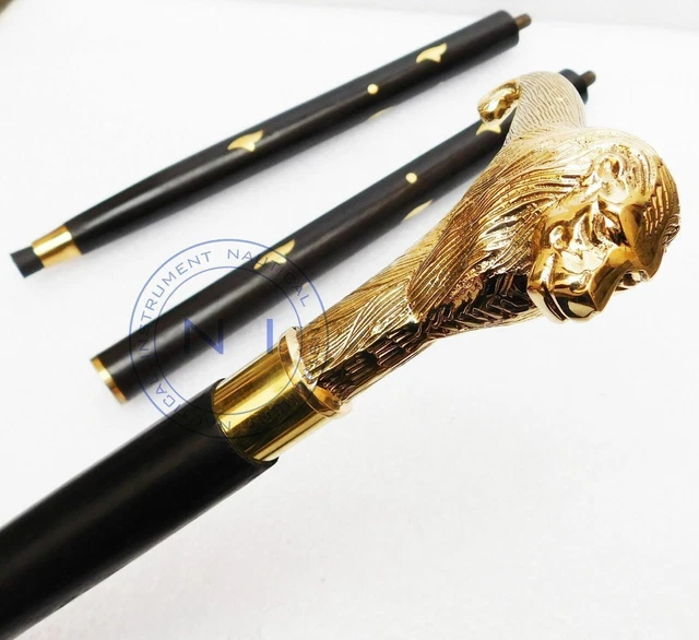 Designer Wooden Walking Stick Cane Antique Solid Brass Lion head Handle Vintage