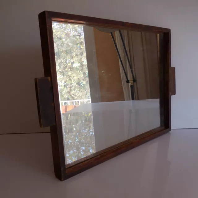 Plateau miroir verre bois fait main art déco design XXe vintage PN France N3045