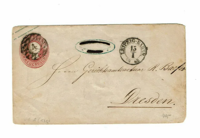 Ganzsache Sachsen Ein Neugroschen 1862 Briefumschlag nach Dresden Leipzig-Bahn