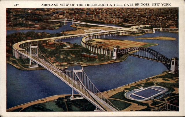 Triborough & Hell Gate Bridges aerial view New York City New York 1930s postcard