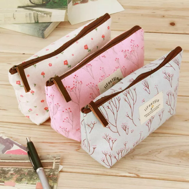 Portable Floral Canvas Pencil Case Cosmetic Student Stationery Storage G6Z5