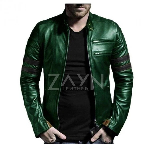 Genuine Leather Jacket For Men In Green with Black Strips Biker Motorcycle Racer