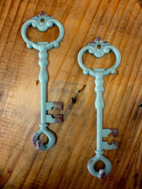 2 BLUE ANTIQUE-STYLE METAL SKELETON KEY WALL HOOKS 6.5" jewelry vintage shabby