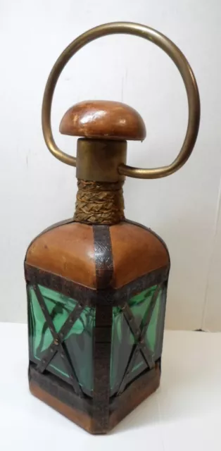 Vintage LEATHER, GREEN GLASS & Metal LANTERN BOTTLE / DECANTER Made in Italy 12"