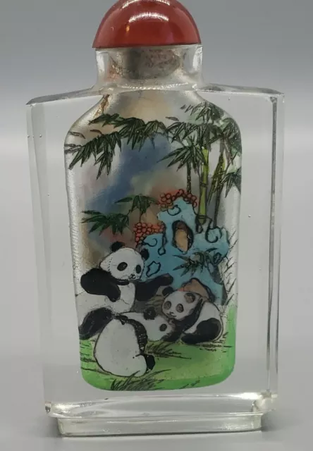 Vtg Chinese Reverse Painted Panda Bears Glass Snuff or Perfume Bottle. Beautiful