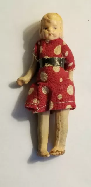ANTIQUE JAPAN BISQUE GIRL DOLLHOUSE  DOLL MINIATURE 3.50" orig clothes polka dot