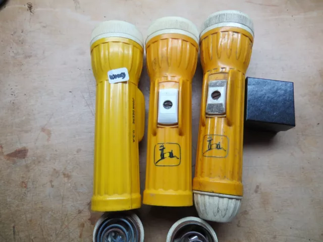 3-VINTAGE 1950's JOHN DEERE RARE COLLECTABLE YELLOW and WHITE FLASHLIGHTS