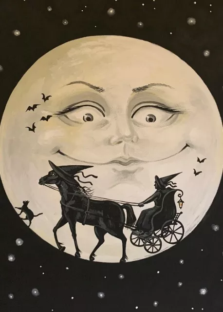 Aceo Print Of Painting Ryta Halloween Salem Witch Black Cat Full Moon Horse Art