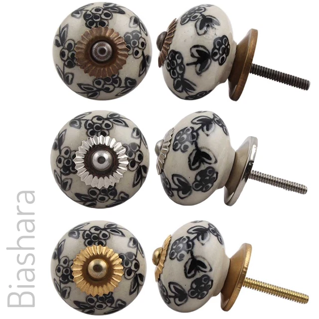 Black Cream DOOR KNOB Ceramic Cupboard Handle Cabinet Drawer Pull floral vintage