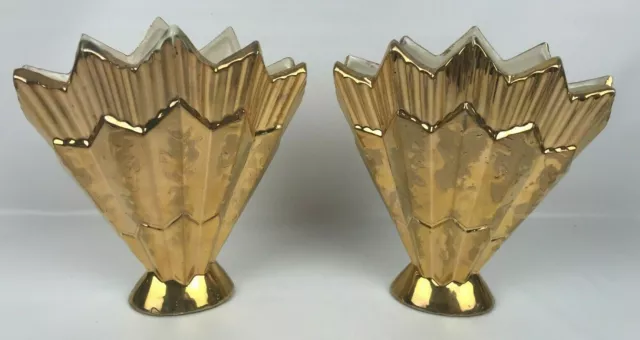 Set Of 2 Vintage Savoy Fine China 24K Weeping Gold Fan Vase Hand Decorated