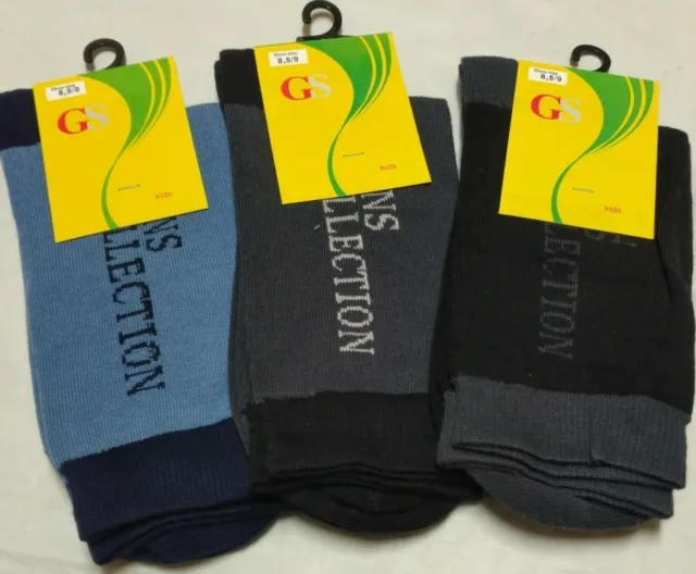 3 Pairs GS Crew Socks For Kids Boys Blue Gray Black Fits Shoe Size 8/8.5/9