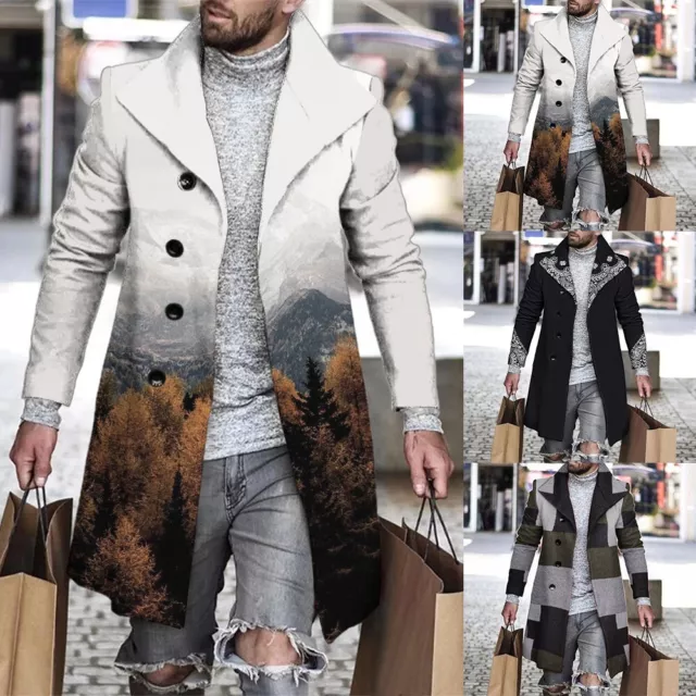 Mens Long Jacket Lapel Neck Outwear Winter Trench Coat Single Breasted Overcoat
