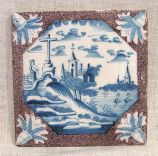 Antique 18th Century 5" Delft Tile with Church on a Hill