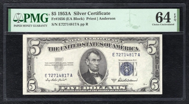 Fr. 1656 1953-A $5 Silver Certificate Currency Note Pmg Uncirculated-64Epq