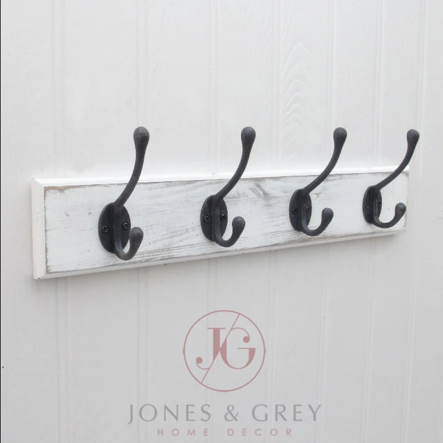 Vintage Distressed White Wooden Wall Coat Rack Rail Pegs 4 Metal Cast Iron Hooks