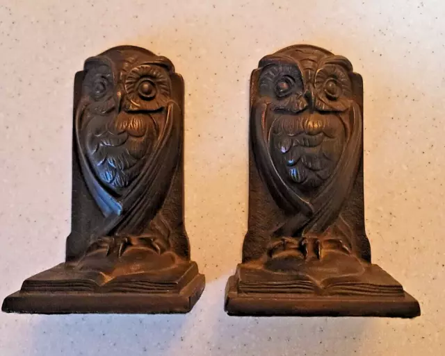 Antique  Cast Iron OWL Bookends Stamped Bronmet Early 1900s