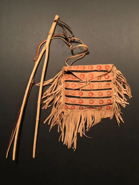 Plains Painted Leather Fringed Pouch & Attached Divining Rod,Excellent Cond,Nr!