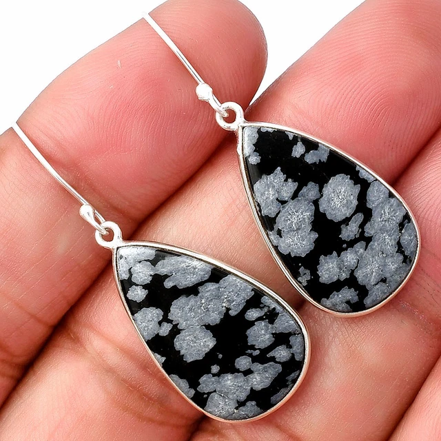 Natural Snow Flake Obsidian 925 Sterling Silver Earrings Jewelry E-1001