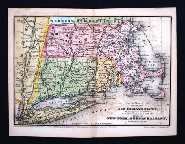 1847 Williams Map New England Massachusetts Connecticut Rhode Island Boston RR