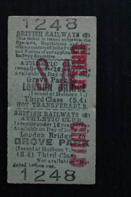 British Railway Ticket Nr. 1248 GROVE PARK nach LONDON BRIDGE JUL1953 ATHLETIC CLUB