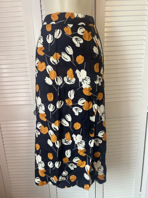 Laura Ashley Navy White & Orange Midi Linen Skirt Size 16