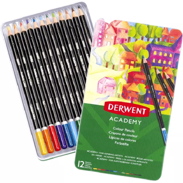 NEW Derwent Academy Colour Pencils Tin 12 Coloured Pencil Set