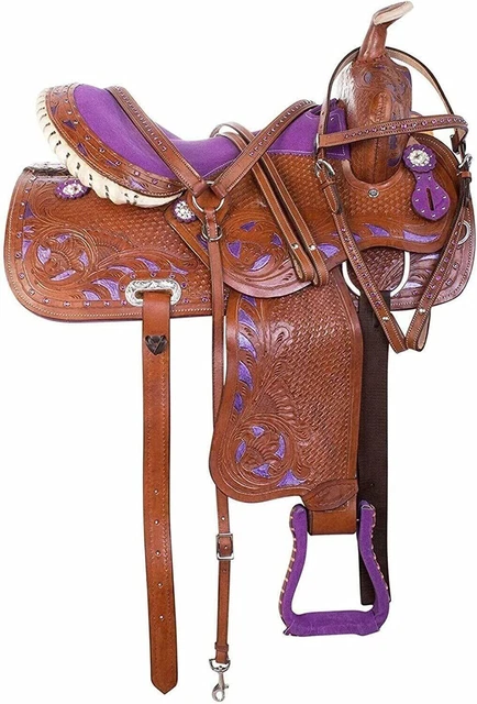 STG – selle en cuir marron/rose Western Horse Barrel Racing, ensemble...