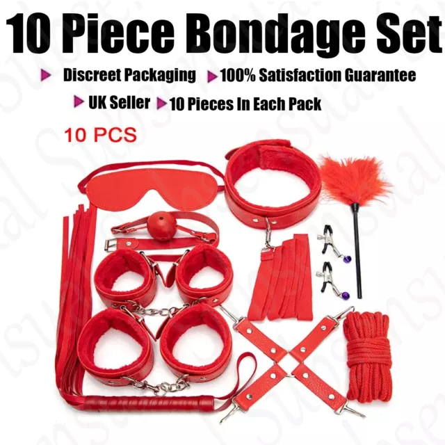 8pc Adult BDSM Bondage Set Hand Cuffs Foot Cuff Whip Rope Clamps