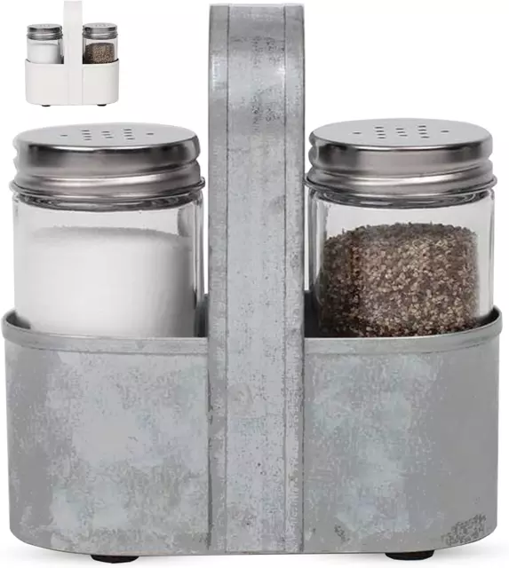 Salt and Pepper Holder Shakers Vintage with - Farmhouse Caddy Galvanized Each