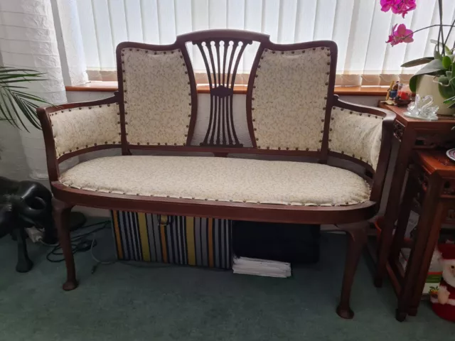 Antique Edwardian 2 Seat Inlaid Mahogany Wood Frame Sofa Settee Fabric