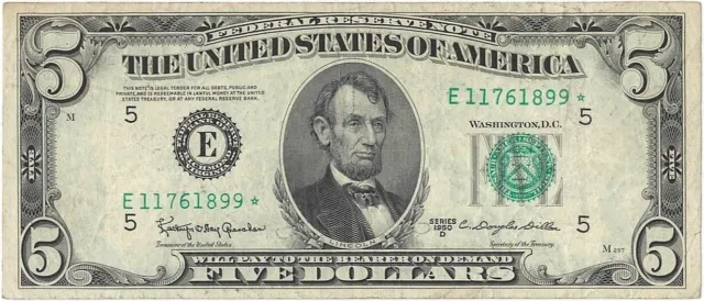 Series 1950 D~ $5.00  Green Seal Star Note ~ * E 117611899 *