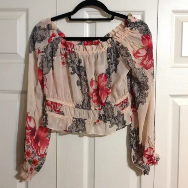 FOREVER 21 Size Small NWT Semi Sheer Cropped Off Shoulder Floral Peach Metallic