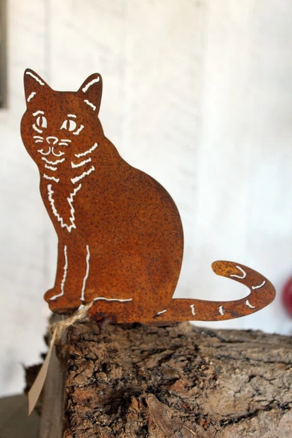 Chat Décoratif En Métal Rouillé Vintage - Statue Assise 32cm - Décoration Jardin Et Intérieur Shabby Chic