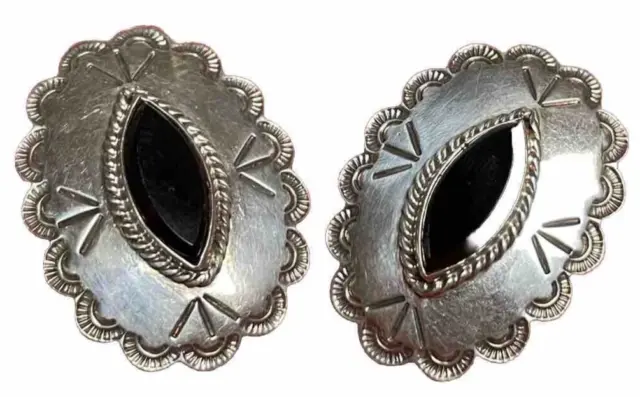 Anciennes Boucles d'oreille en ARGENT 925 serties d'une perle en OBSIDIENNE