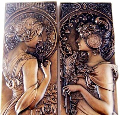 COPPIA-Mucha Stile Bronzo Muro Placche Art Nouveau sculture Wall Art