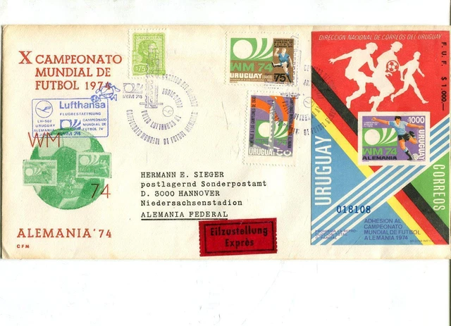Uruguay Nr. 1302 - 1304 Flugpostbeleg zur Fußball-WM 1974